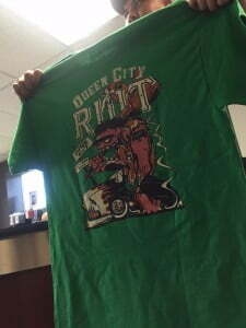 Graphic T-Shirt for Queen City A pre-1972 custom car show being held June 3rd thru the 4th. There is a behemoth monster like character with a Knuckle Draggers Car Club tattoo on his arm.