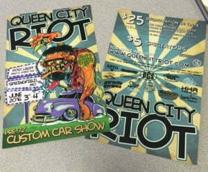 Flyers for Queen City A pre-1972 custom car show being held June 3rd thru the 4th. There is a behemoth monster like character with a Knuckle Draggers Car Club tattoo on his arm.